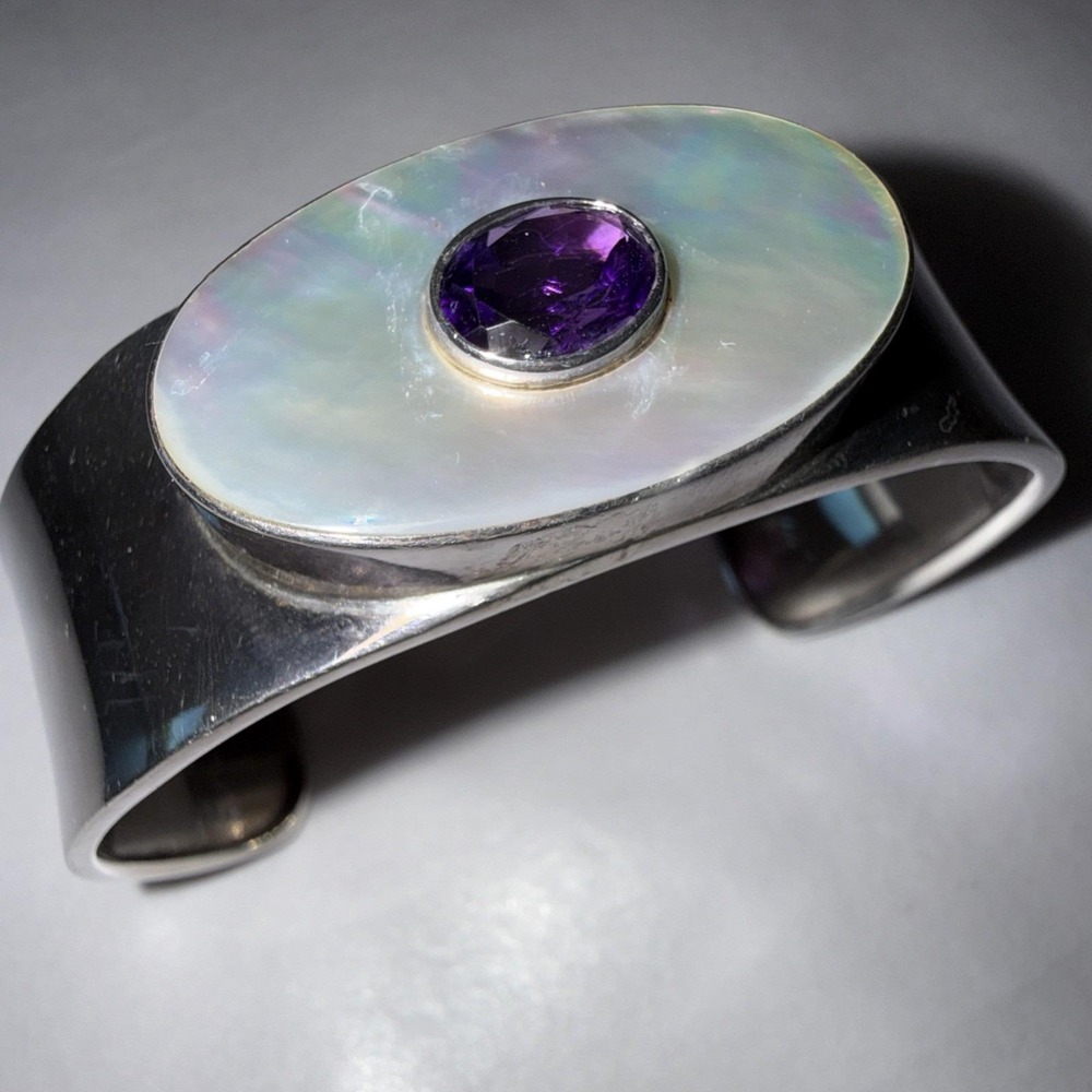 VTG Southwestern Vintage Sterling Silver Shell Amethyst Cuff Bracelet 32g - Picture 12 of 12